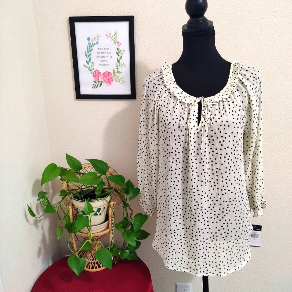 NWT Chaps Women's Blouse Small Sheer Long Sleeve Peasant Ruffle Tie Front